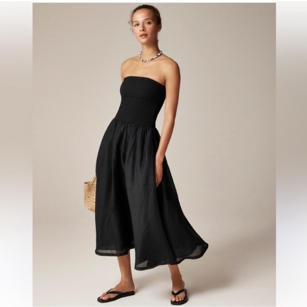 J. Crew Black Strapless Smocked Midi Dress - Picture 1 of 8